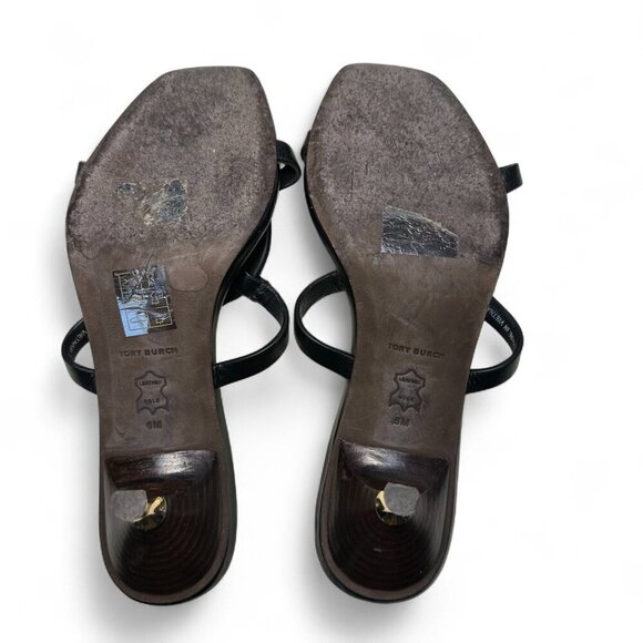 TORY BURCH Miller Bombé Embossed Logo Gold Kitten Heeled Sandal, Black, Size 6 - Picture 10 of 16